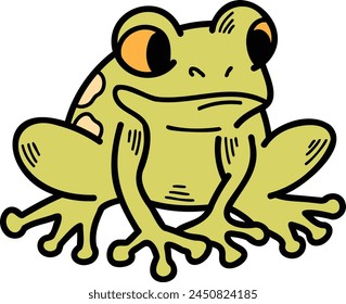 A blue frog with yellow eyes is sitting on a white background. The frog has a curious expression on its face, and its eyes are large and bright. Concept of playfulness and whimsy