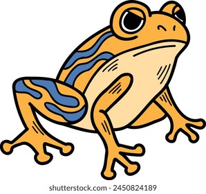 A blue frog with yellow eyes is sitting on a white background. The frog has a curious expression on its face, and its eyes are large and bright. Concept of playfulness and whimsy