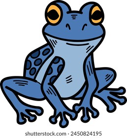 A blue frog with yellow eyes is sitting on a white background. The frog has a curious expression on its face, and its eyes are large and bright. Concept of playfulness and whimsy