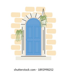 puerta delantera azul con plantas diseño colgante, hogar decoración de la entrada tema del edificio Vector ilustración