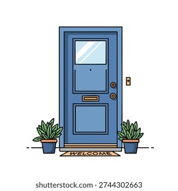 A blue front door with a window, letterbox, doorbell, and doorknob, flanked by potted plants and a welcome mat.