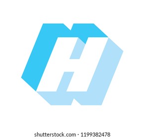 Blue frost H letter,  geometric alphabet. 3D symbol with shadow. Bold and italic square typography. Frozen ice cubes. Vector emblem on white background.