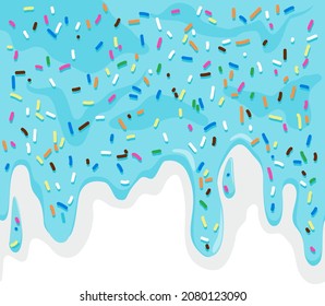 Blue frosting with colorful sprinkles dripping on white background. Vector illustration