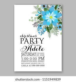 Blue frosty Floral winter wreath vector invitation template for Christmas party Poinsettia fir pine needle greenery