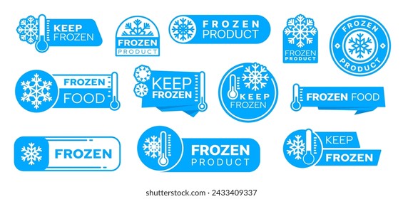 Iconos, etiquetas e insignias de productos congelados en azul. Conjunto de vectores aislados de pegatinas Característica copos de nieve o símbolos de escarcha y termómetro. Elementos para embalajes o artículos de conservación de alimentos congelados