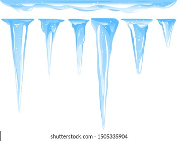 Blue frozen icicle cluster hanging down from snow-covered ice surface, set of different quality detailed icicles with snow isolated, carefully drop the icicles