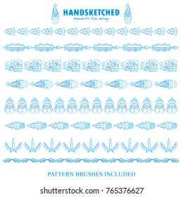 Blue frozen set of vector pattern brushes or dividers. Pine in plant pots, presents, kawaii snowman, candles with mistletoe elements. Brushes included