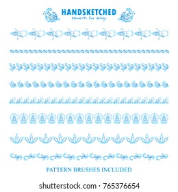 Blue frozen set of vector pattern brushes or dividers. Snowmen, mistletoe and holly leaves, candy cane, snowball with Christmas tree inside. Brushes included
