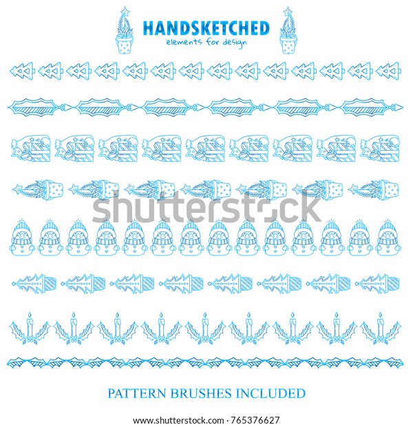 Blue frozen set of vector pattern\
brushes or dividers. Pine in plant pots, presents, kawaii snowman,\
candles with mistletoe elements. Brushes\
included
