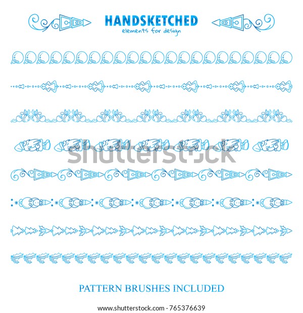 Blue frozen set of vector pattern brushes or\
dividers. Abstract pine trees, Santa Klaus, Christmas toys and\
ornate arrows. Brushes\
included