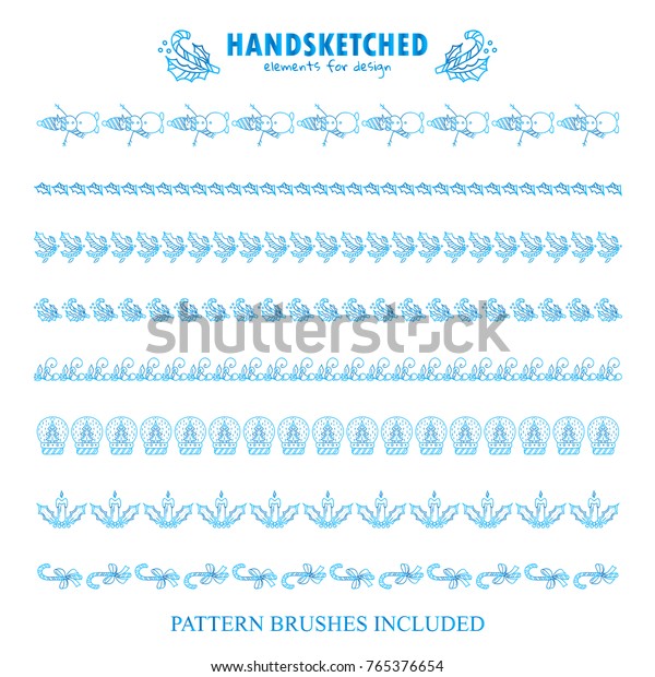Blue frozen set of vector\
pattern brushes or dividers. Snowmen, mistletoe and holly leaves,\
candy cane, snowball with Christmas tree inside. Brushes\
included
