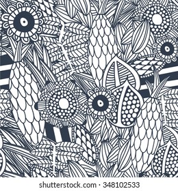 blue fruit doodle sketch pineapple leaf floral abstract art seamless pattern