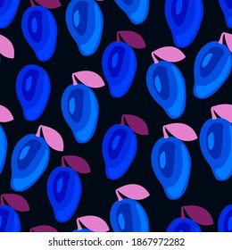 Blue fruit pattern. Honeysuckle berry seamless print. Raw food concept. Vector floral background.