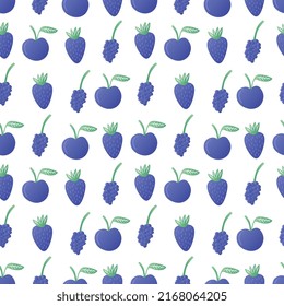Blue fruit seamless pattern with grape and blueberry isolated on white background.