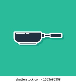 Blue Frying pan icon isolated on green background. Fry or roast food symbol.  Vector Illustration