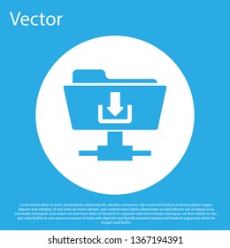 Blue FTP folder download icon on blue background. Concept of software update, transfer protocol, router, teamwork tool management, copy process. White circle button. Flat design. Vector Illustration