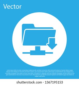 Blue FTP folder download icon on blue background. Concept of software update, transfer protocol, router, teamwork tool management, copy process. White circle button. Flat design. Vector Illustration