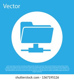 Blue FTP folder icon on blue background. Concept of software update, ftp transfer protocol, router, teamwork tool management, copy process, info. White circle button. Flat design. Vector Illustration