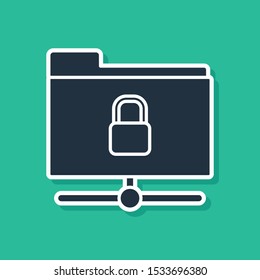 Blue FTP folder and lock icon isolated on green background. Concept of software update. Security, safety, protection concept.  Vector Illustration