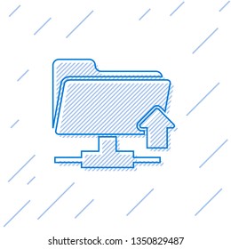 Blue FTP folder upload line icon isolated on white background. Concept of software update, transfer protocol, router, teamwork tool management, copy process. Vector Illustration