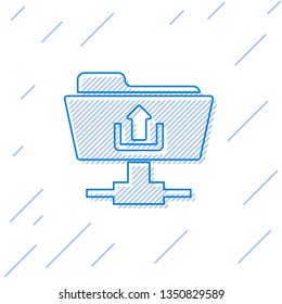 Blue FTP folder upload line icon isolated on white background. Concept of software update, transfer protocol, router, teamwork tool management, copy process. Vector Illustration