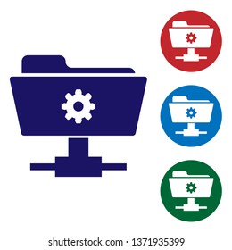 Blue FTP settings folder icon on white background. Concept of software update, transfer protocol, router, teamwork tool management, copy process. Set color icon in circle buttons. Vector Illustration
