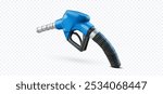 Blue fuel pump nozzle isolated on a transparent background. Realistic vector illustration of gas pump dispenser, symbolizing refueling, energy, and fuel consumption for automotive or industrial uses.