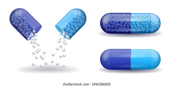 Blue full medical capsules pill capsule with filling vector