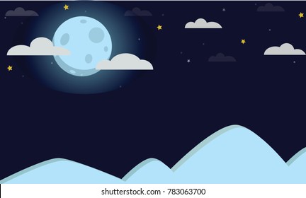 Blue full moon with moon light radius with clouds and stars at night with mountain vector. Blue moon texture with stars vector. Mountain vector. 