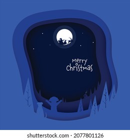 Blue Full Moon Paper Layer Cut Background With Silhouette Dog, Cute Girl, Xmas Tree And Santa Claus Riding Sleigh For Merry Christmas.