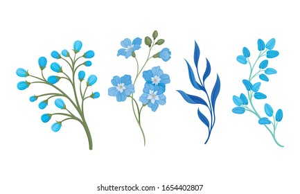 Blue Full-blown Flowers and Leaves Decorative Elements Vector Set