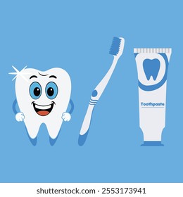 blue fun cartoon tooth brush care dental dentist icon set illustration
