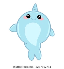 Blue funny cartoon kawaii playing narwhal baby element for decor, wallpaper, wrapper, packaging, greeting card, textile, poster, background