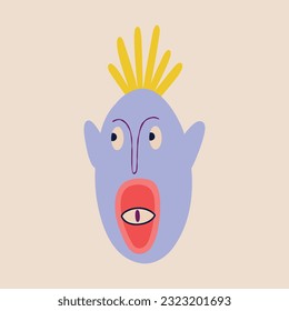 Blue funny character monster with funny smile face and tree eyes. Illustration in a modern childish hand-drawn style