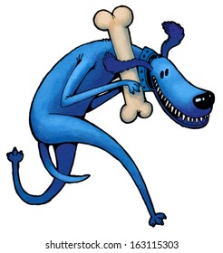 Blue funny dog ??has a large bone.