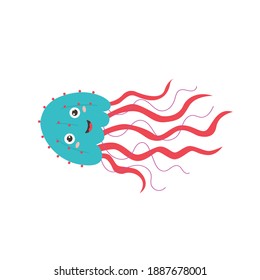 Blue funny jellyfish smiling. Sea and ocean animal creature aqua fauna. Vector flat isolated illustration