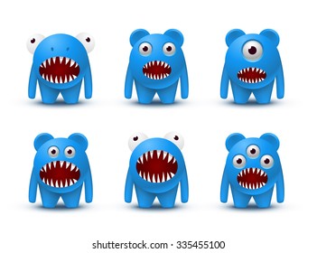 Blue Funny Monsters Set. Vector Toy Illustration.