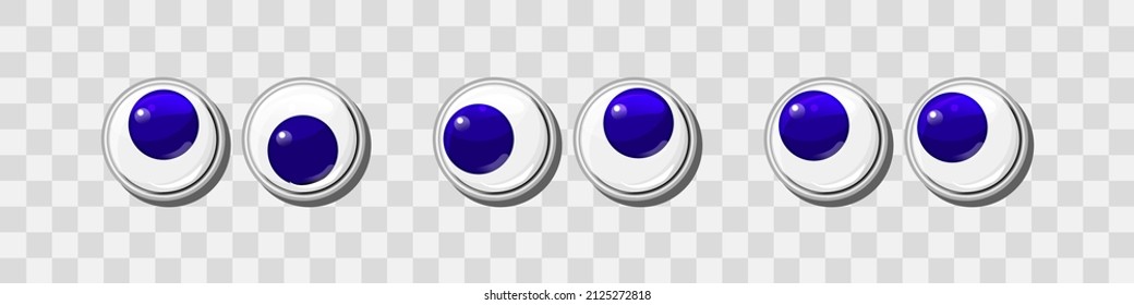 Blue funny plastic eyes for toys, puppet and dolls character on a transparent background. Round colorful eyeballs vector set. Cartoon design craft and sewing design elements. 