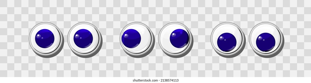 Blue funny plastic eyes for toys, puppet and dolls character on a transparent background. Round colorful eyeballs vector set. Cartoon design craft and sewing design elements