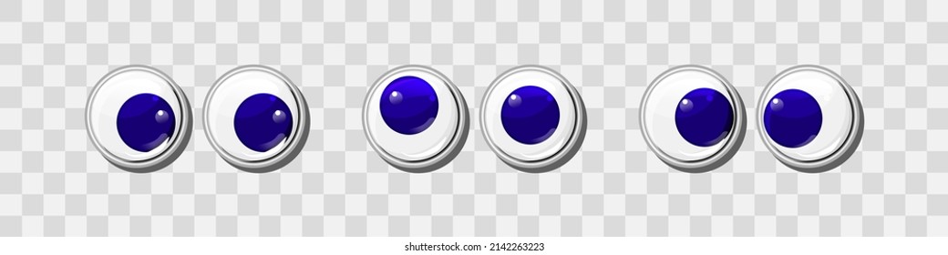 Blue funny plastic eyes for toys, puppet and dolls character. Round colorful eyeballs vector set. Cartoon design craft and sewing design elements on a transparent background