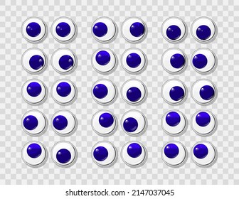 Blue funny plastic eyes for toys, puppet and dolls character on a transparent background. Round colorful eyeballs big vector set. Cartoon design craft and sewing design elements.