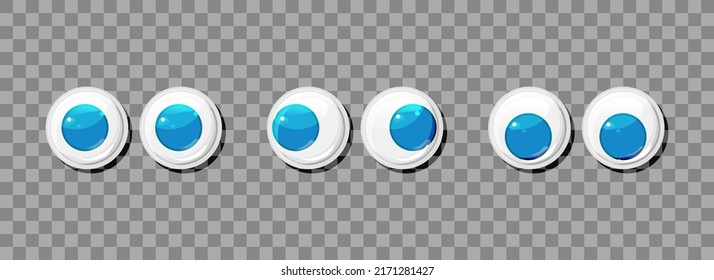 Blue funny plastic eyes for toys, puppet and dolls character on a transparent background. Round colorful eyeballs big vector set. Cartoon design craft and sewing design elements. . Vector illustration