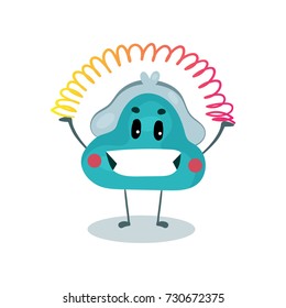 Blue funny purse humanized character playing with colorful spiral plastic toy, money and finance concept cartoon vector Illustration