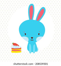 Blue funny rabbit with cake. Cartoon vector illustration. Birthday greeting card. 