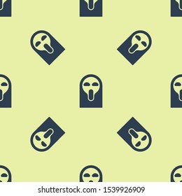 Blue Funny and scary ghost mask for Halloween icon isolated seamless pattern on yellow background. Happy Halloween party.  Vector Illustration