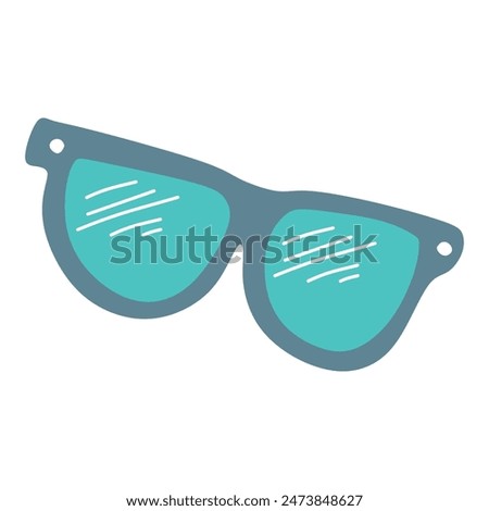 Blue Funny Sun Glasses Isolated on white Background. Vector Illustration of Sunglasses with Dark Glass lens with Polarization. Summer Protection accessory, Stylish Eyewear in Flat Cartoon style.