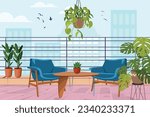 Blue furniture on the balcony with pots of flowers and money plant. Vector flat illustration.