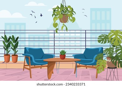 Blue furniture on the balcony with pots of flowers and money plant. Vector flat illustration.