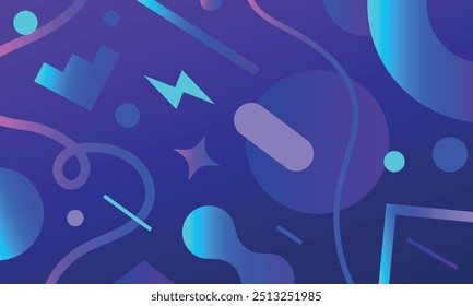 blue futuristic 80s background with geometric vector shapes and elements. Colorful abstract composition in Memphis style