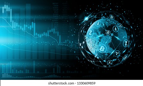 Blue futuristic background. Bitcoin and blockchain. Electronic cryptocurrency and modern technology. Online banking, and financial communications. World wide web. Hologram with a globe of the word